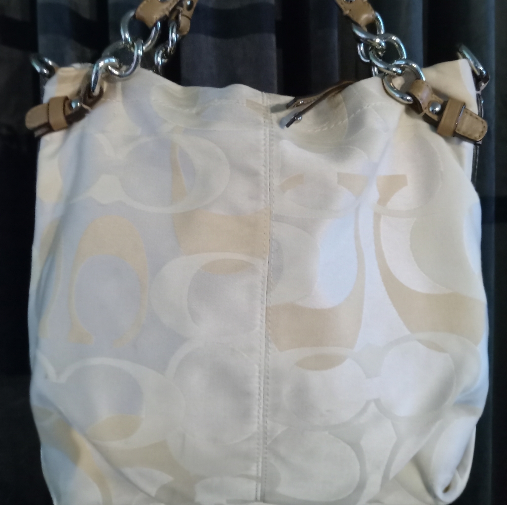Coach Beige and White Tote Bag